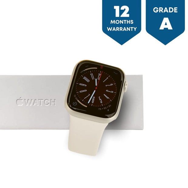 Apple Watch Series 8 (GPS & Cellular 41mm) Smart watch - Starlight Aluminium Case with Starlight Sport Band - Regular. Fitness Tracker, Blood Oxygen & ECG Apps, Water Resistant (Original Preowned) - Phones From Home